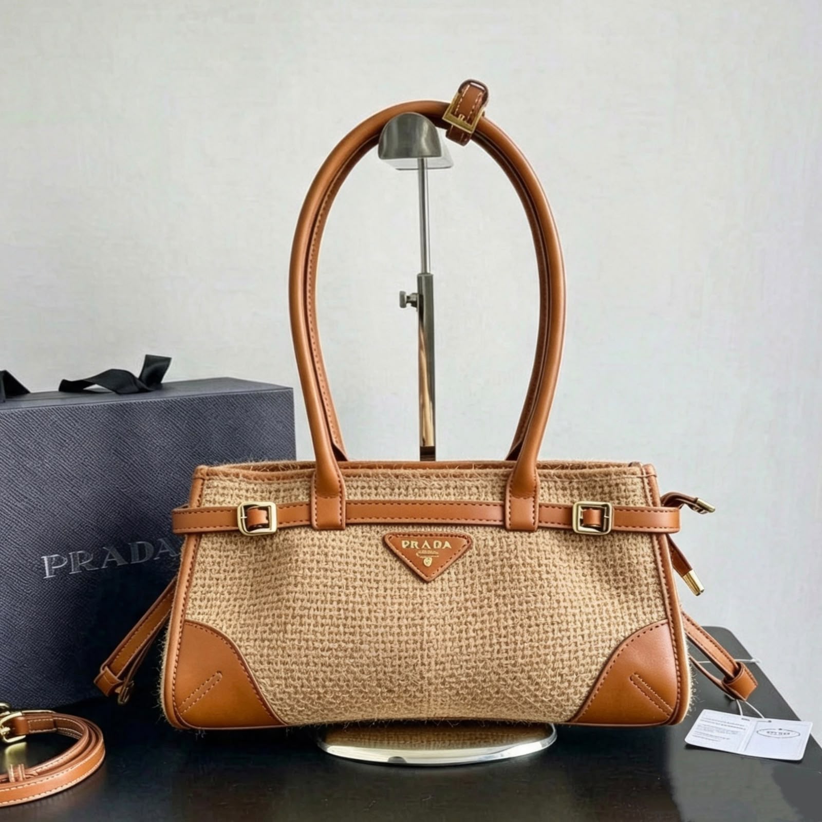 PRADA Denim & Woven Leather Trim Tote Bag 32cm A+