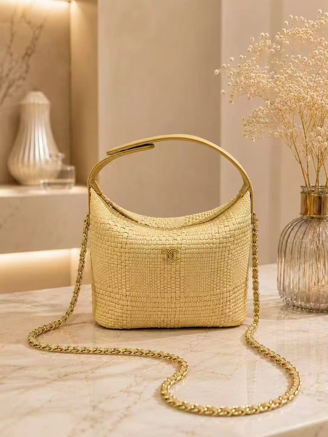 CHANEL Raffia Curved Shoulder Bag 22 cm