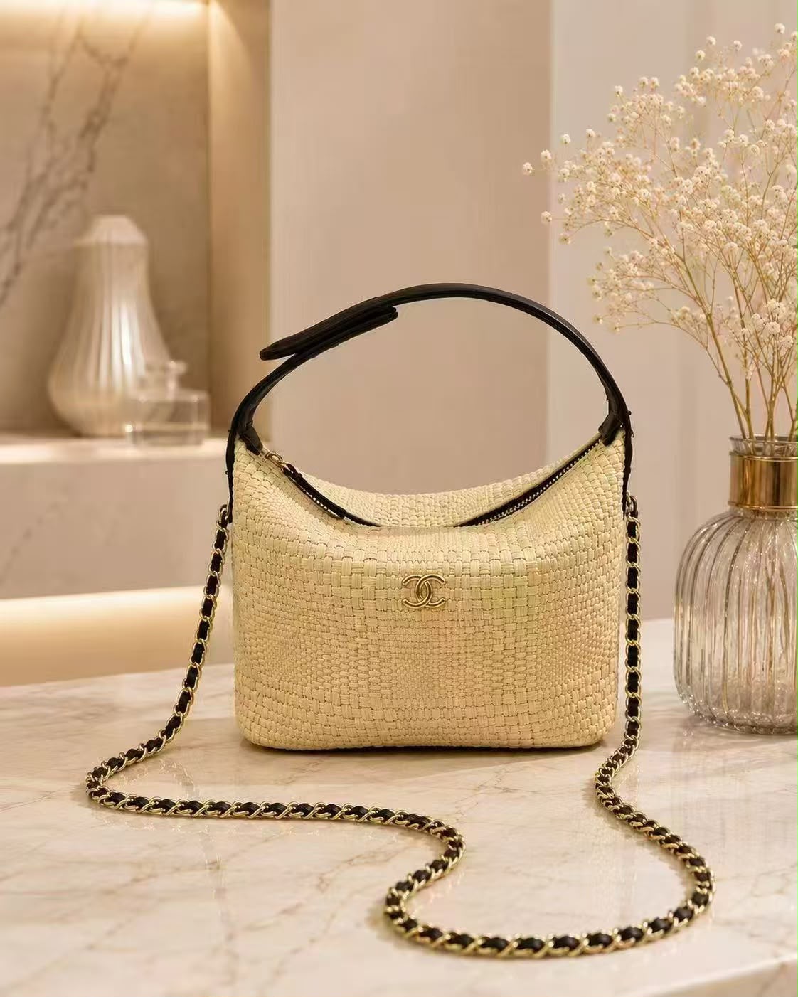 CHANEL Raffia Curved Shoulder Bag 22 cm