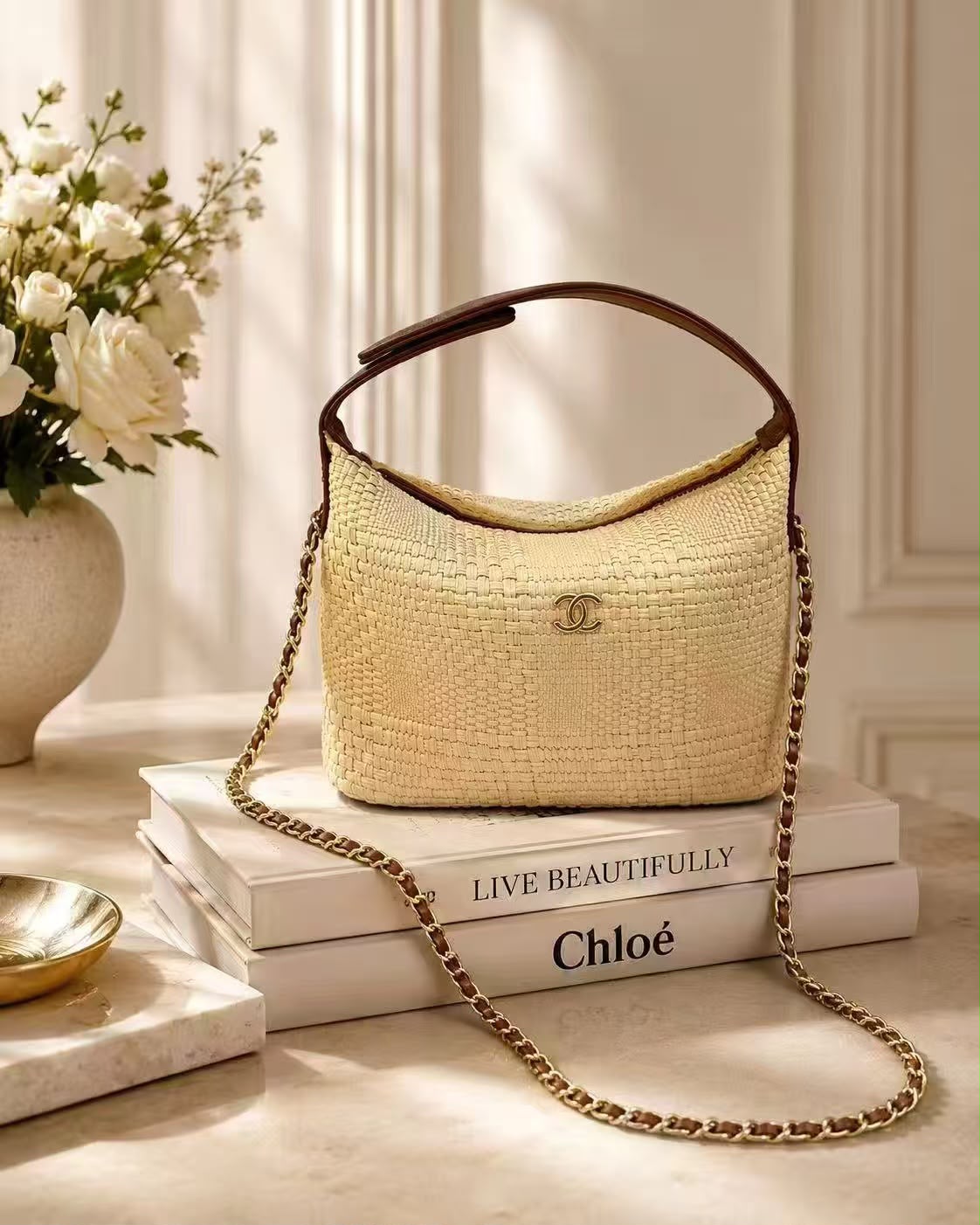 CHANEL Raffia Curved Shoulder Bag 22 cm