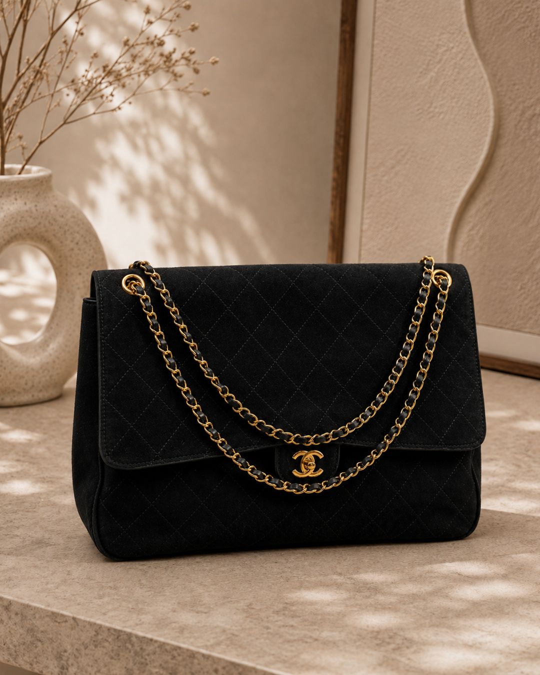 CHANEL Jumbo Quilted Suede Flap Shoulder Bag 40cm A+