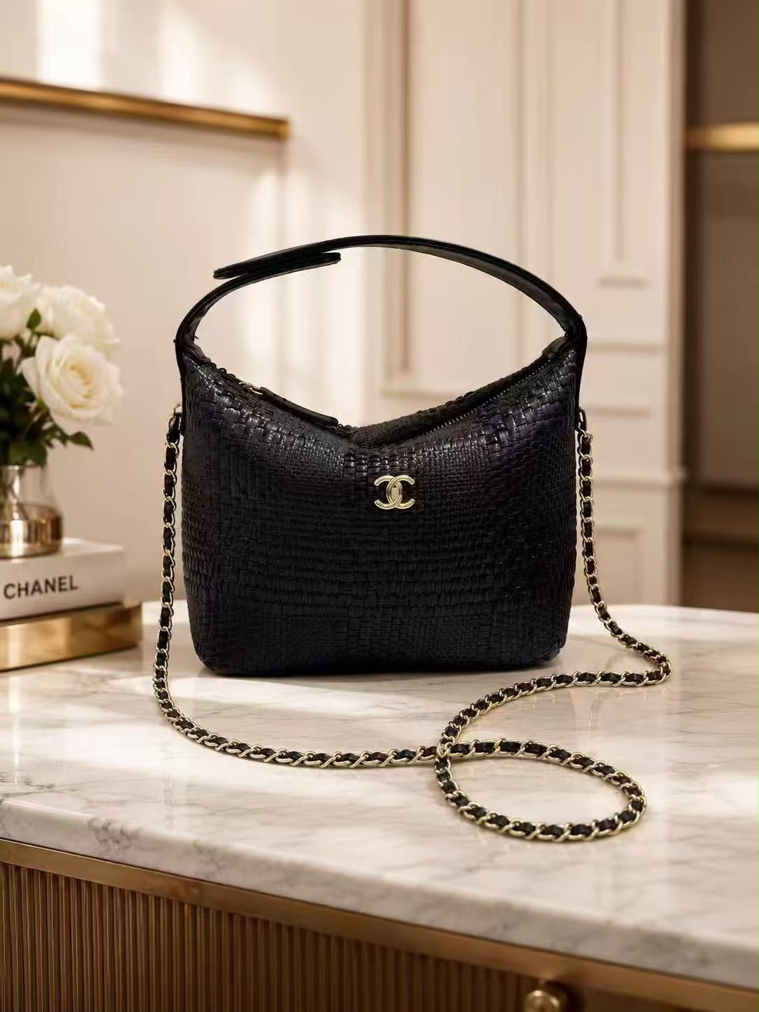 CHANEL Raffia Curved Shoulder Bag 22 cm