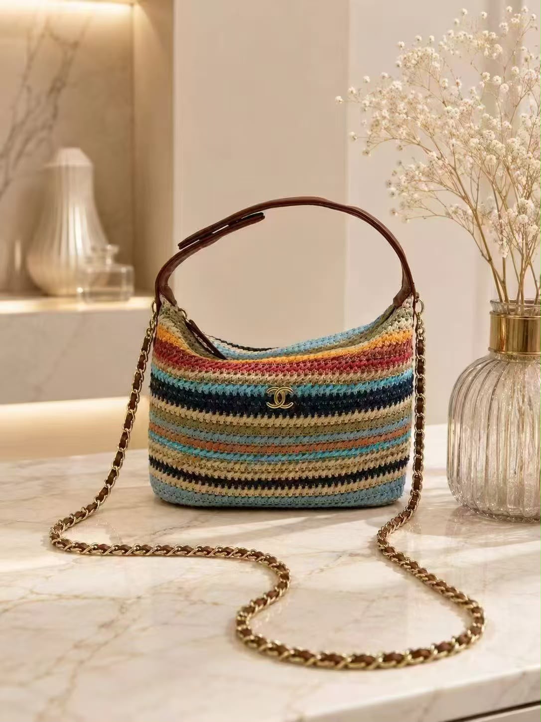 CHANEL Raffia Curved Shoulder Bag 22 cm