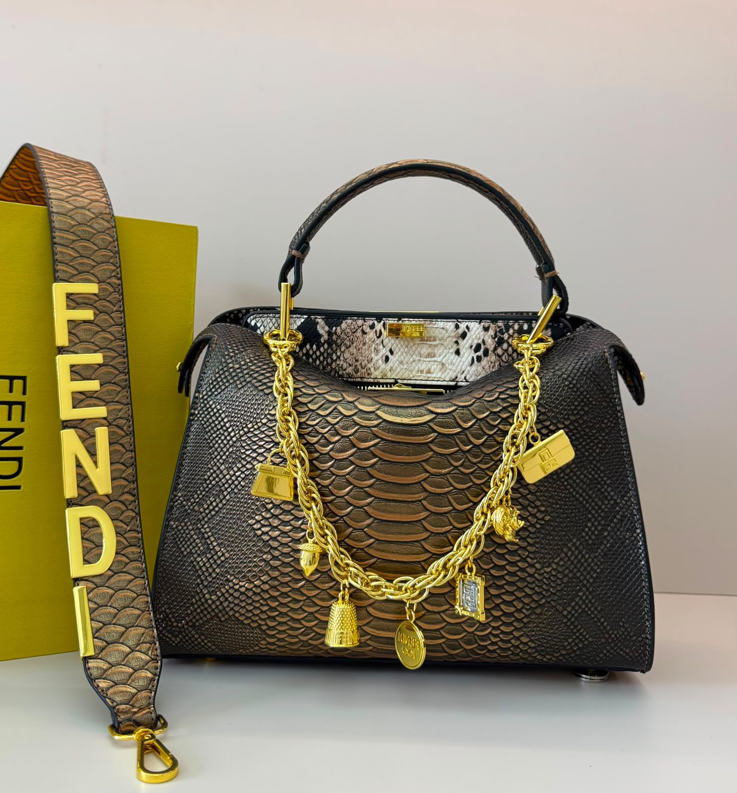 FENDI Python-Embossed Tote 30 cm Without Box A+