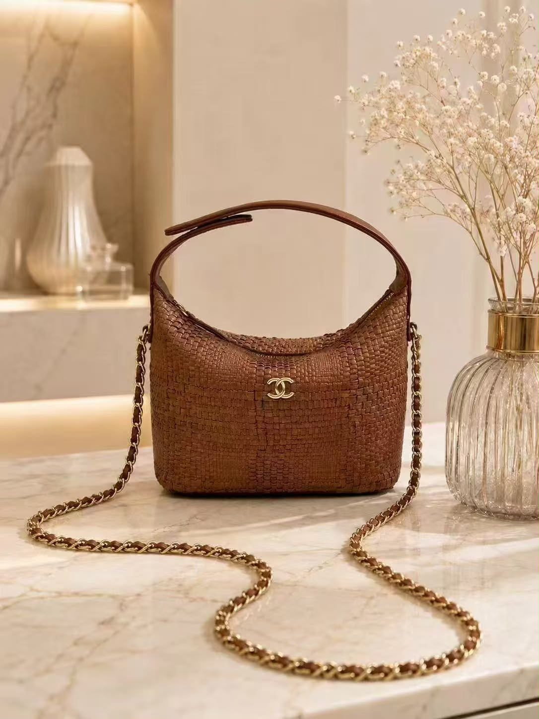 CHANEL Raffia Curved Shoulder Bag 22 cm