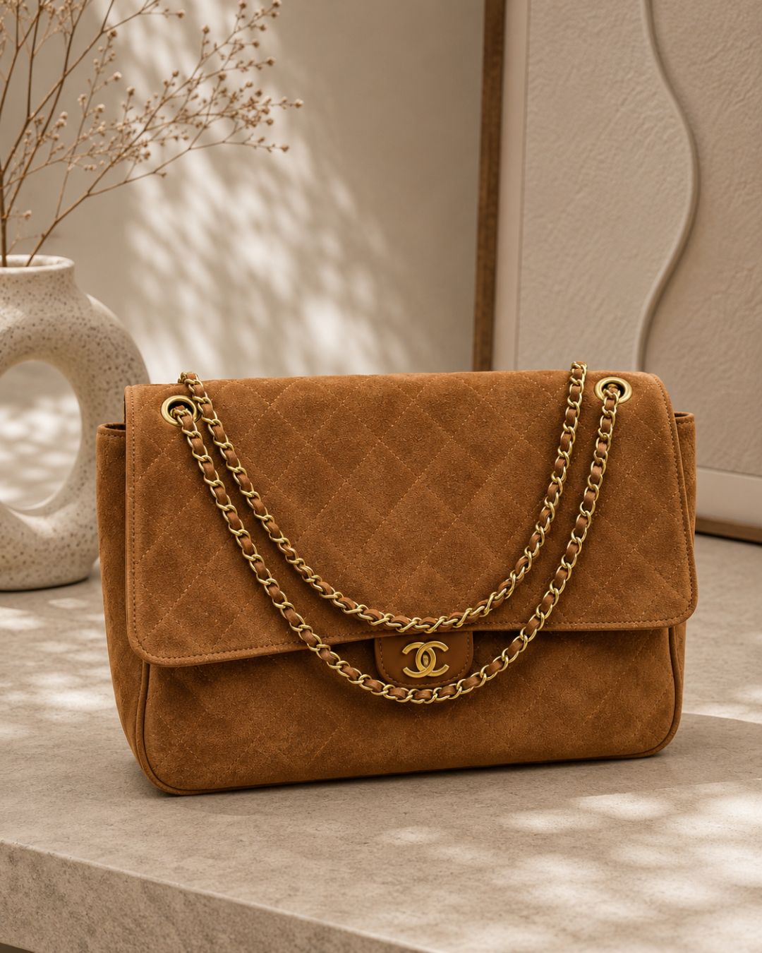 CHANEL Jumbo Quilted Suede Flap Shoulder Bag 40cm A+