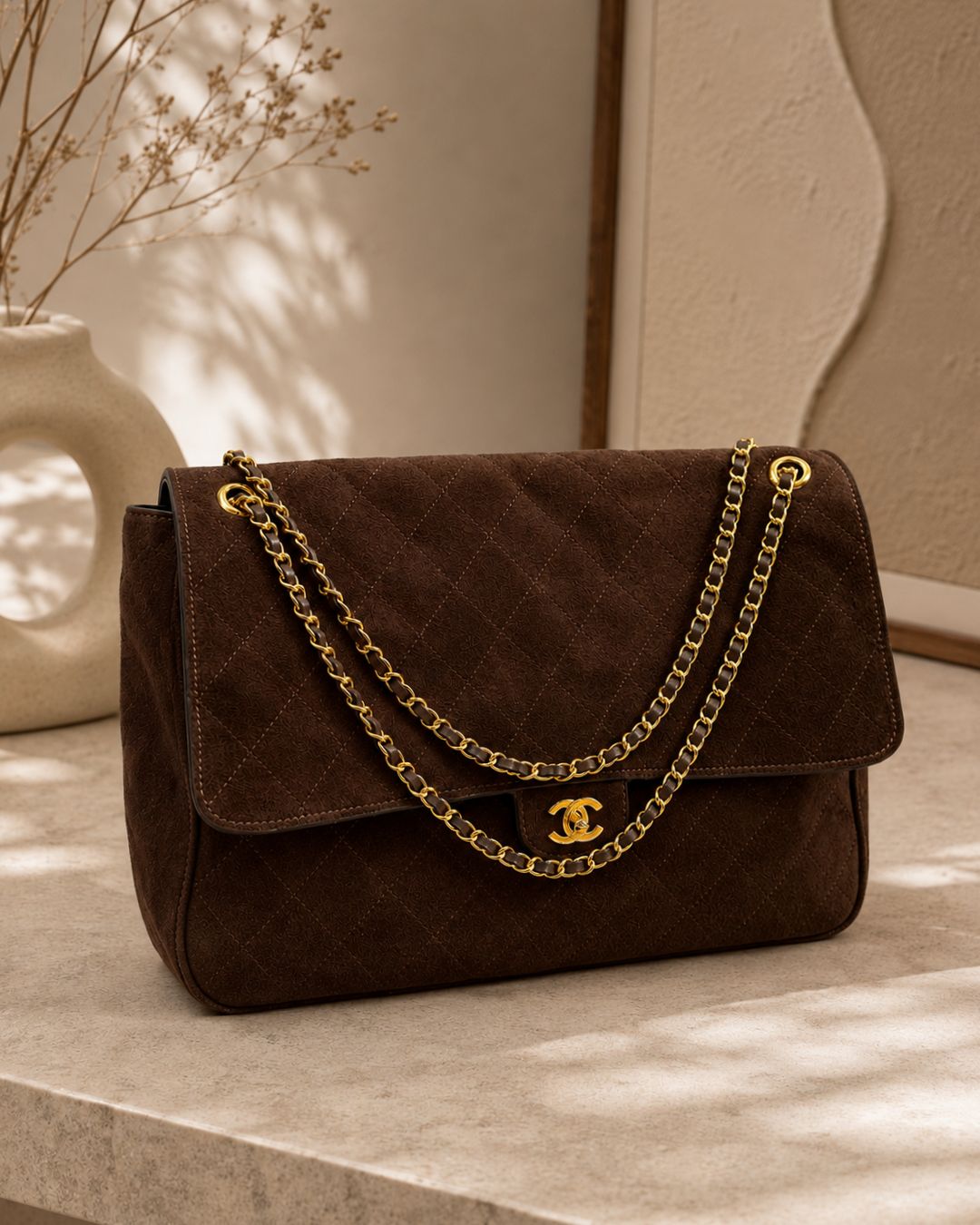 CHANEL Jumbo Quilted Suede Flap Shoulder Bag 40cm A+