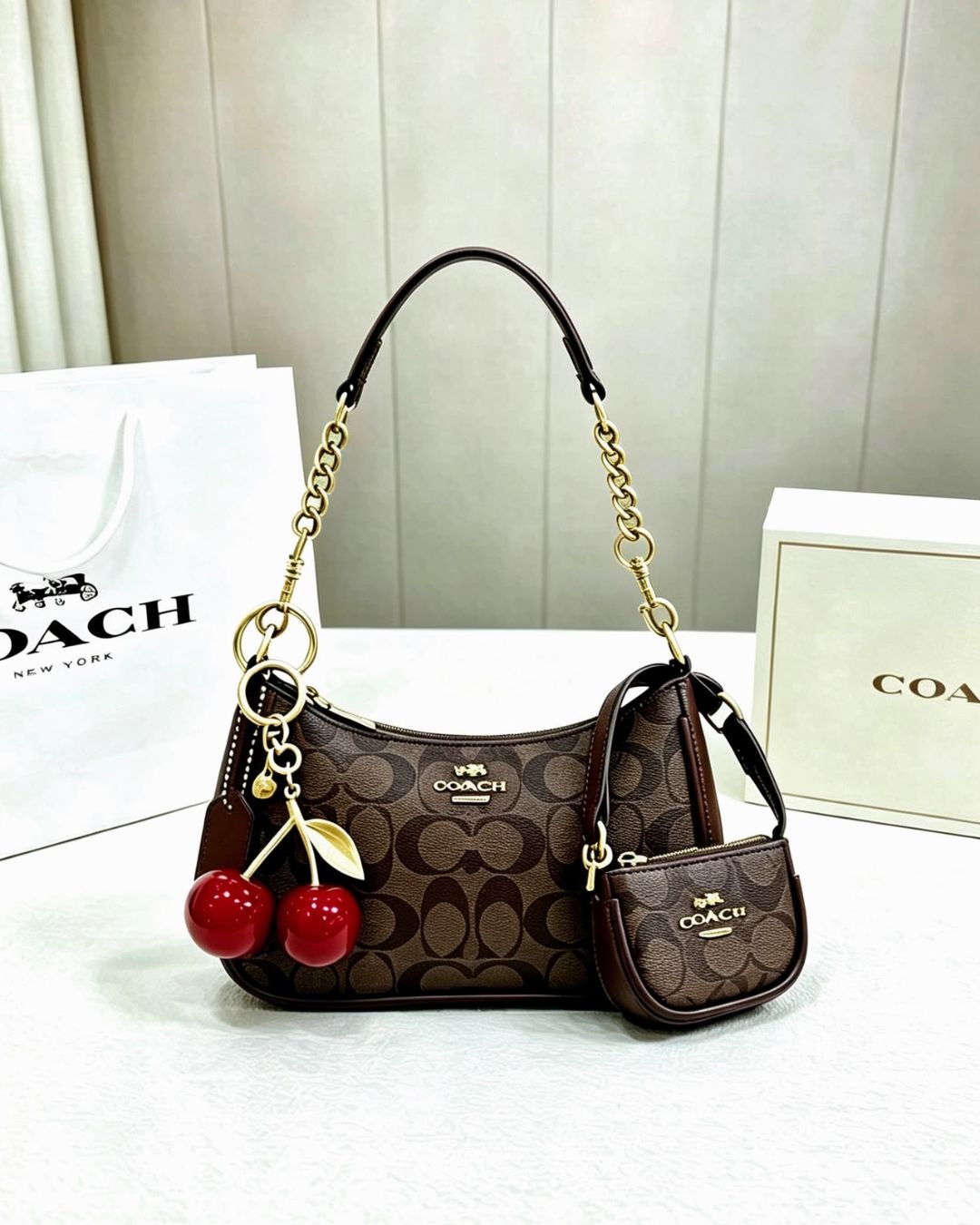 COACH Cherry Charm Shoulder Bag 25cm