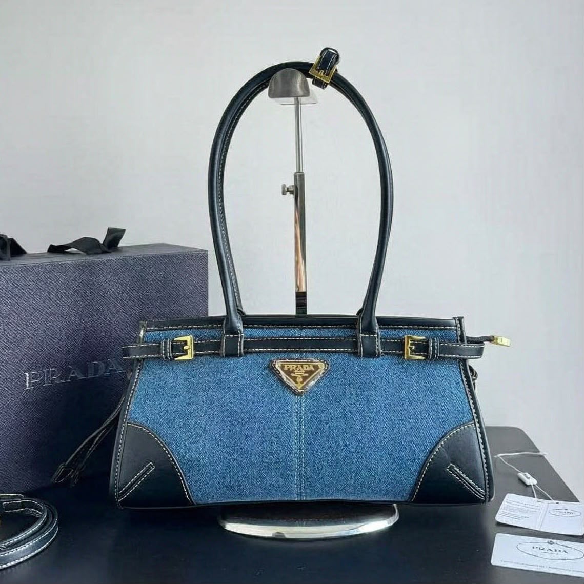 PRADA Denim & Woven Leather Trim Tote Bag 32cm A+
