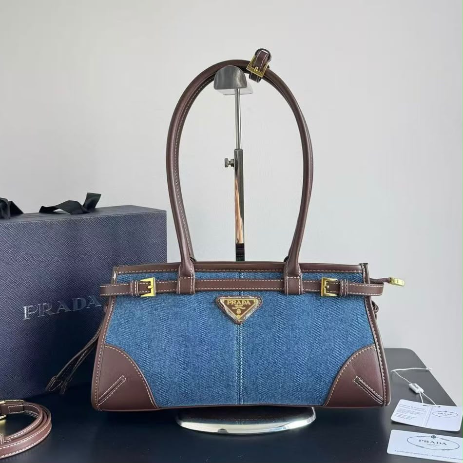 PRADA Denim & Woven Leather Trim Tote Bag 32cm A+