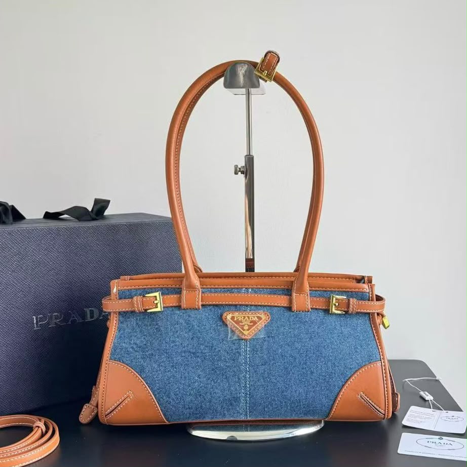 PRADA Denim & Woven Leather Trim Tote Bag 32cm A+