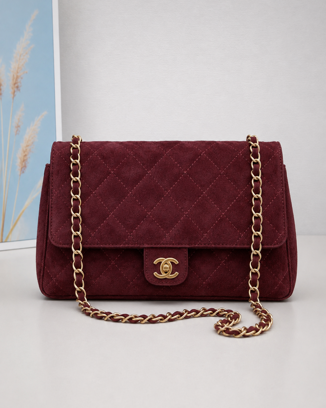 CHANEL Quilted Suede Chain Flap Bag 28cm A+