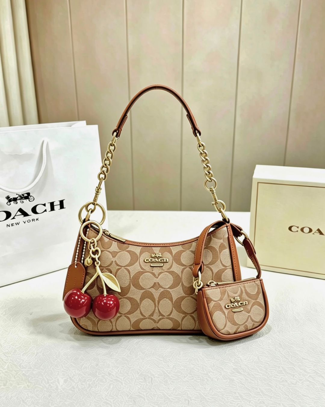 COACH Cherry Charm Shoulder Bag 25cm