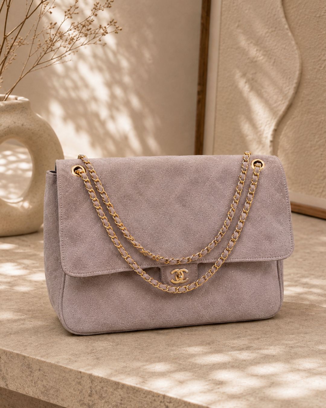 CHANEL Jumbo Quilted Suede Flap Shoulder Bag 40cm A+