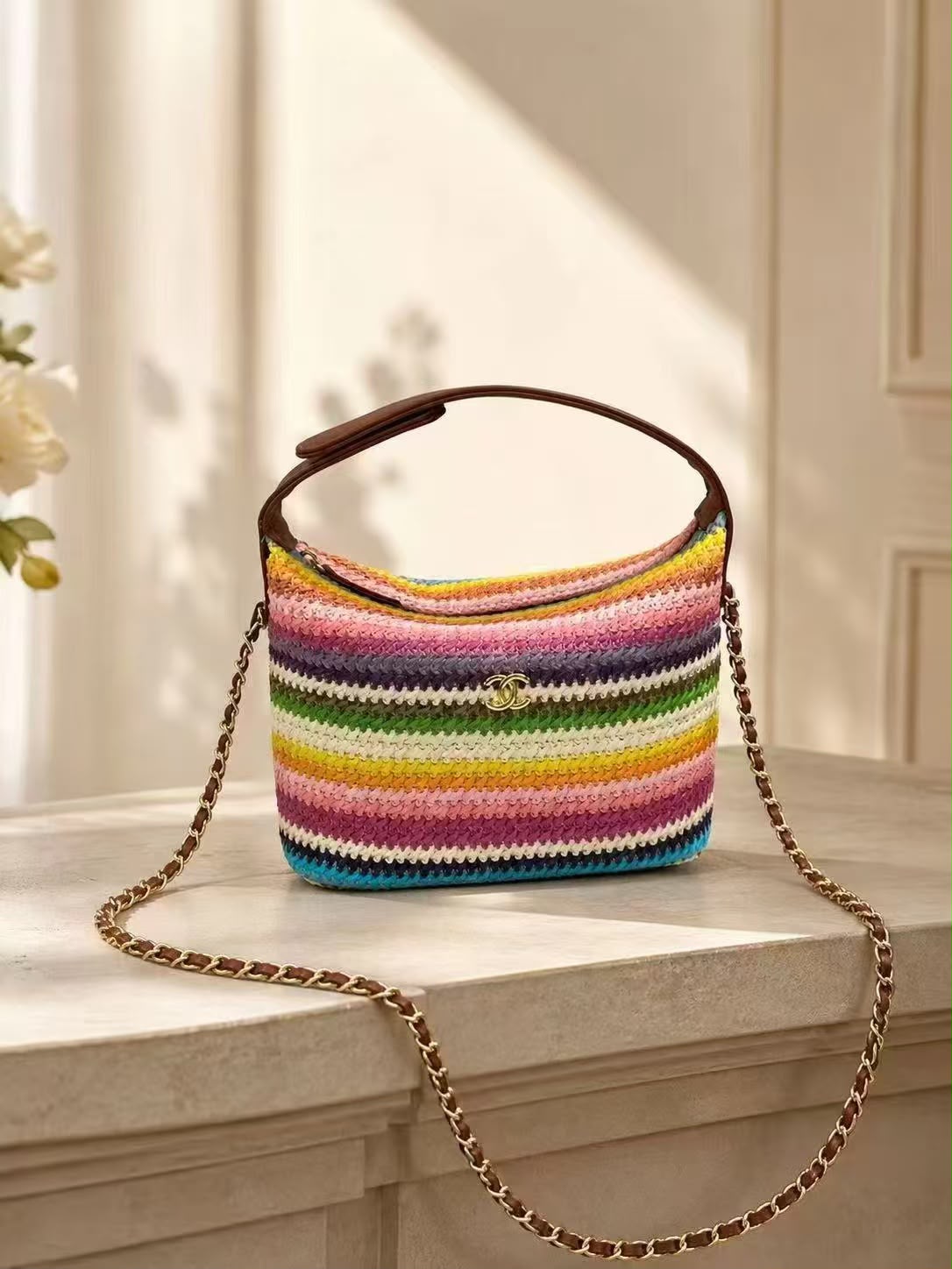 CHANEL Raffia Curved Shoulder Bag 22 cm