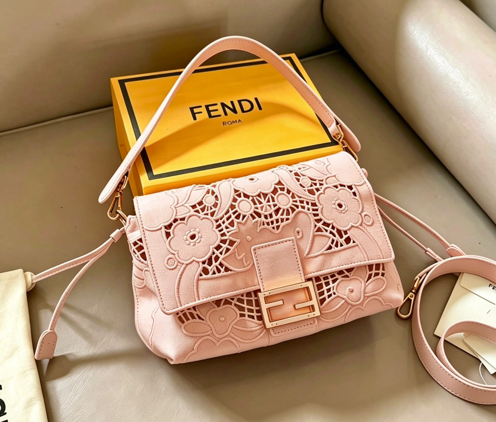 حقيبة FENDI باجيت بقلاب من الدانتيل بنمط الزهور 25 سم مع صندوق ماستر