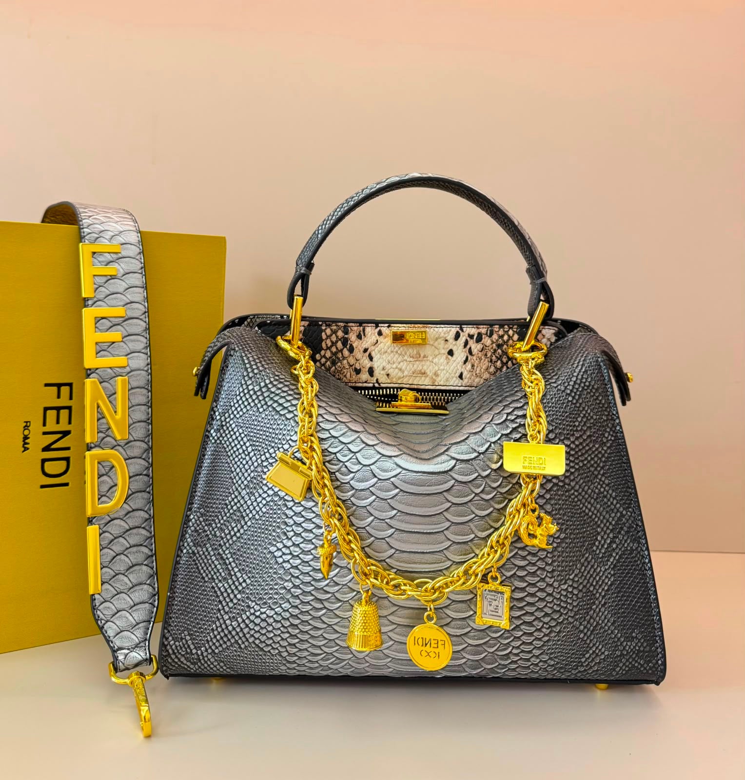FENDI Python-Embossed Tote 30 cm Without Box A+
