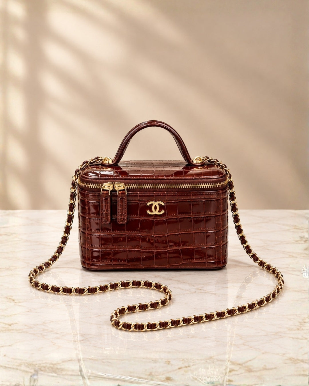 CHANEL Croc-Embossed Mini Vanity Bag