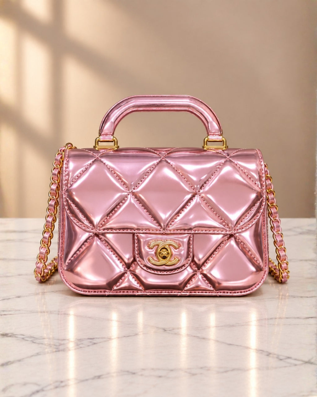 CHANEL Glossy Quilted Mini Top Handle Bag 20cm