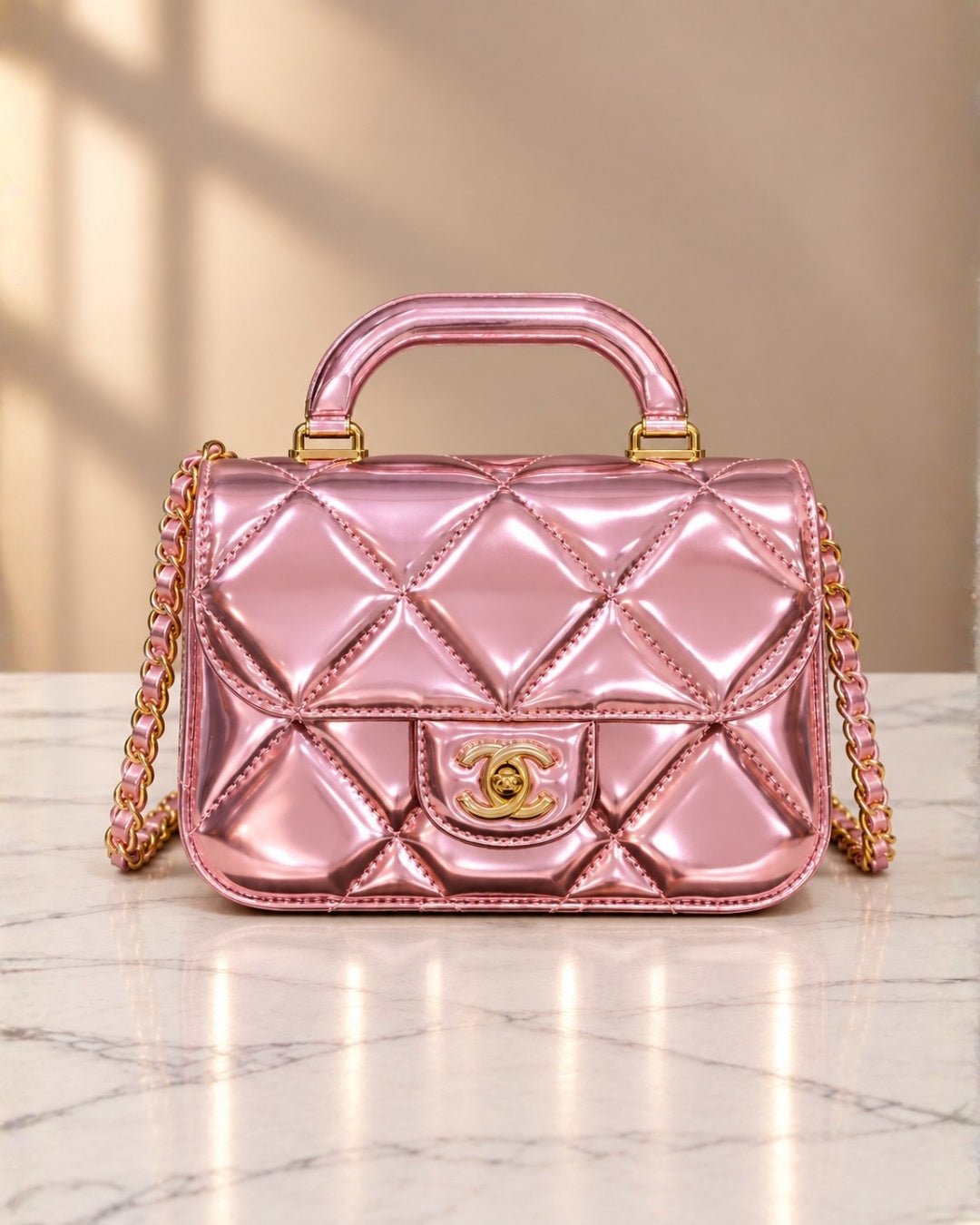 CHANEL Glossy Quilted Mini Top Handle Bag 20cm