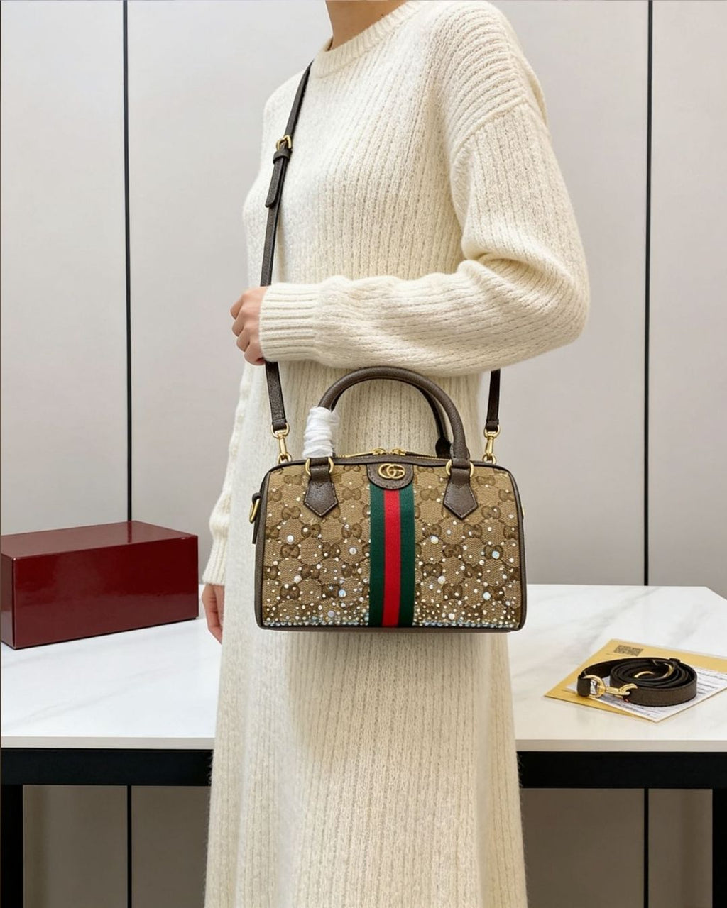 GUCCI Crystal Encrusted Boston Bag 22 cm A+