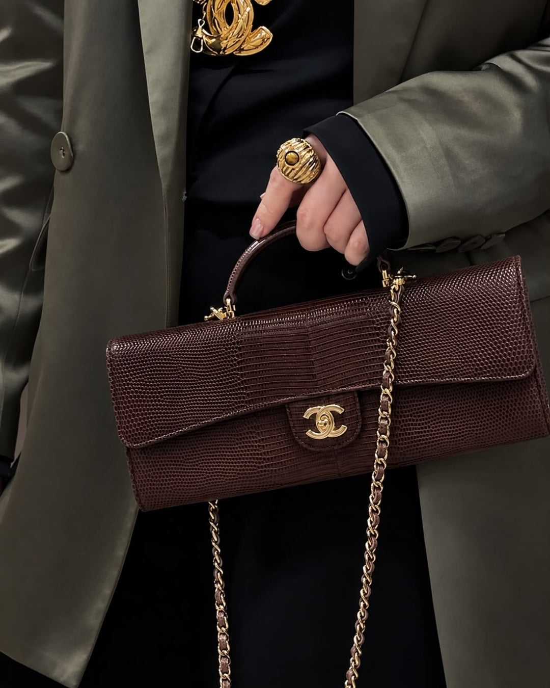 CHANEL Croc Top Handle Clutch 25cm