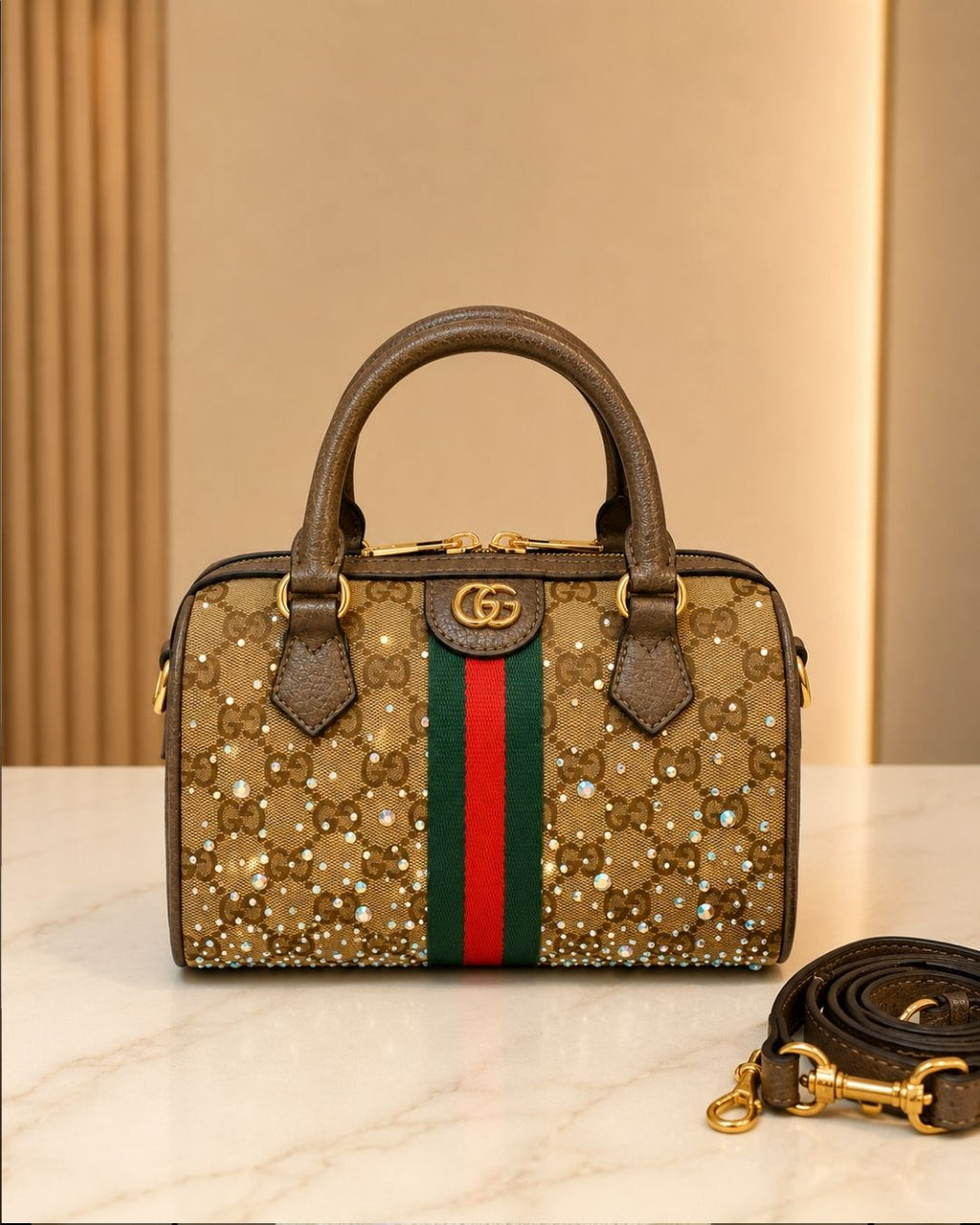 GUCCI Crystal Encrusted Boston Bag 22 cm A+