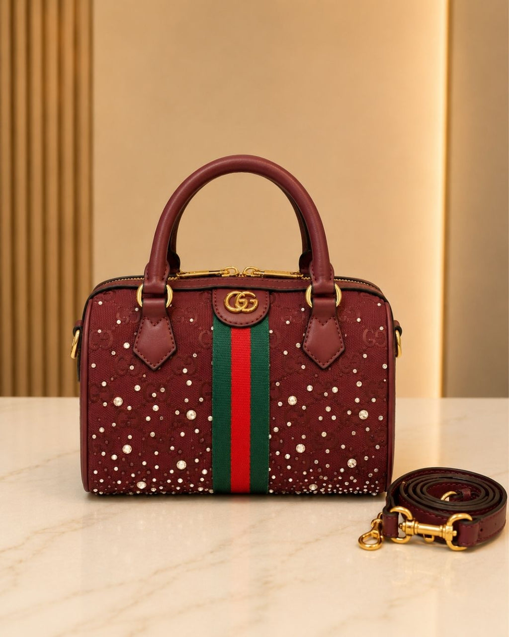 GUCCI Crystal Encrusted Boston Bag 22 cm A+