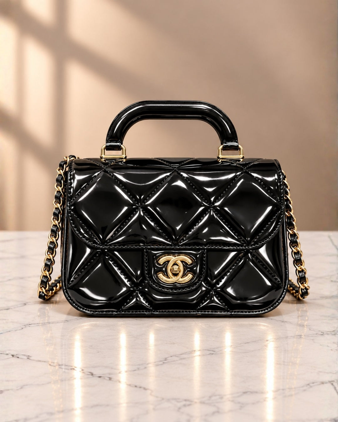 CHANEL Glossy Quilted Mini Top Handle Bag 20cm