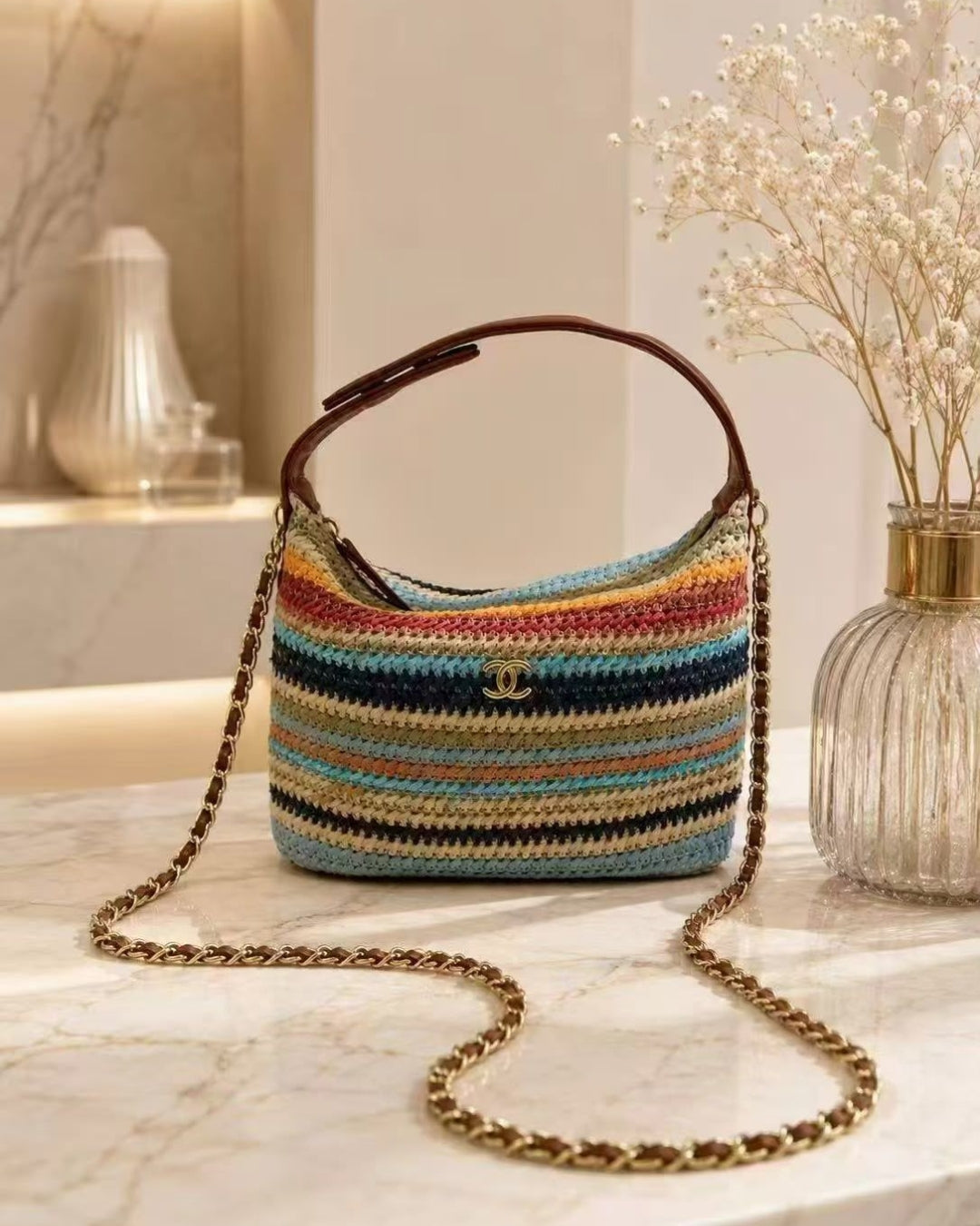 CHANEL Raffia Curved Shoulder Bag 22 cm