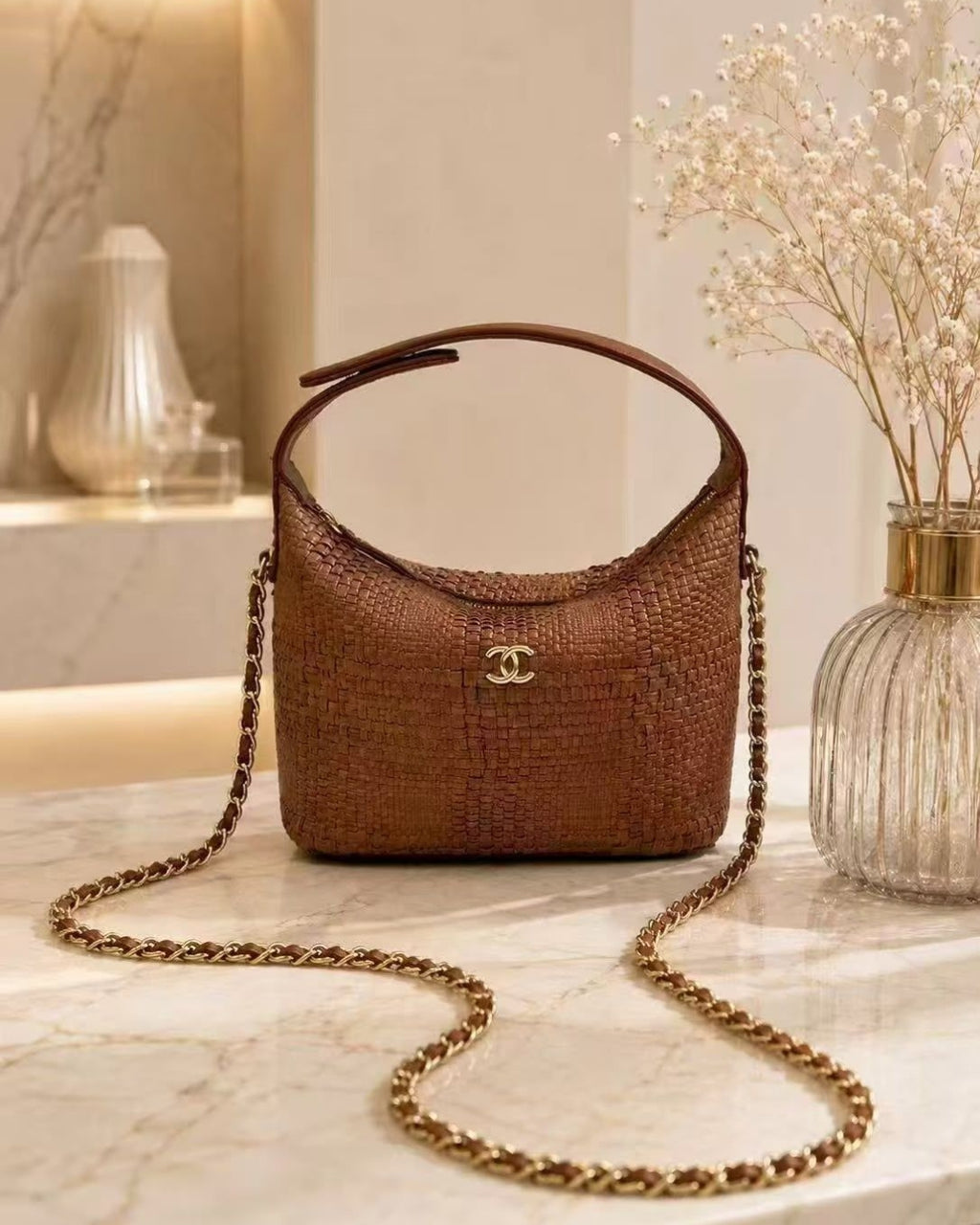 CHANEL Raffia Curved Shoulder Bag 22 cm