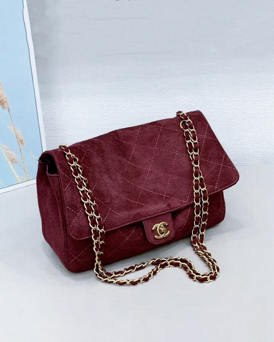 CHANEL Quilted Suede Chain Flap Bag 28cm A+