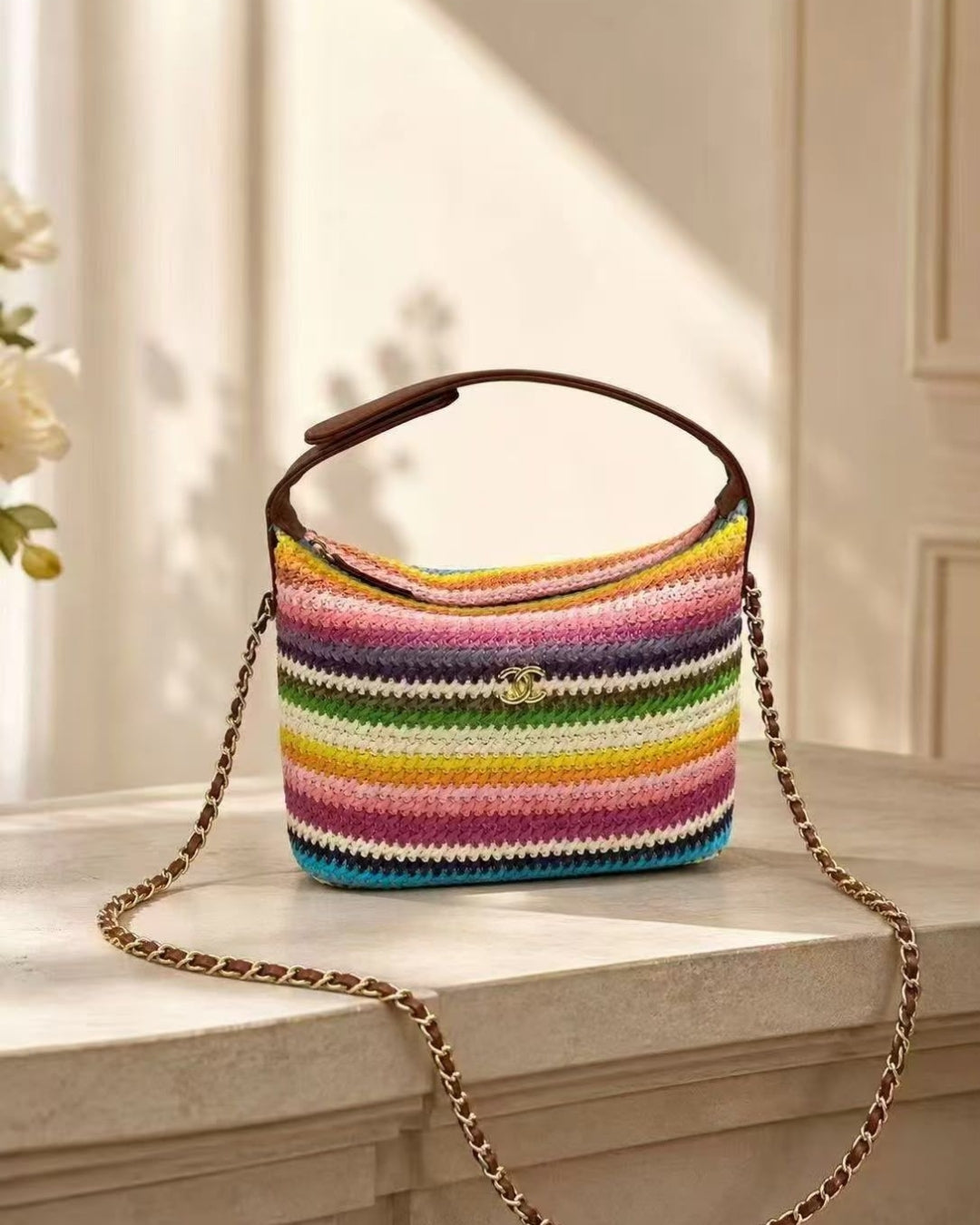 CHANEL Raffia Curved Shoulder Bag 22 cm