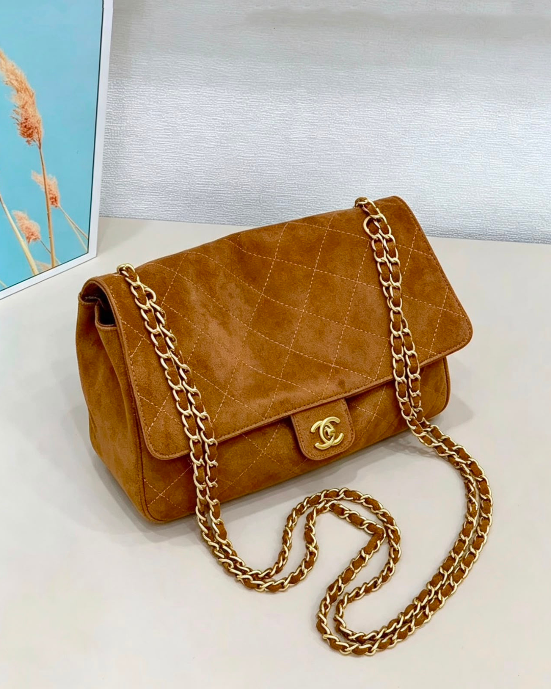 CHANEL Quilted Suede Chain Flap Bag 28cm A+