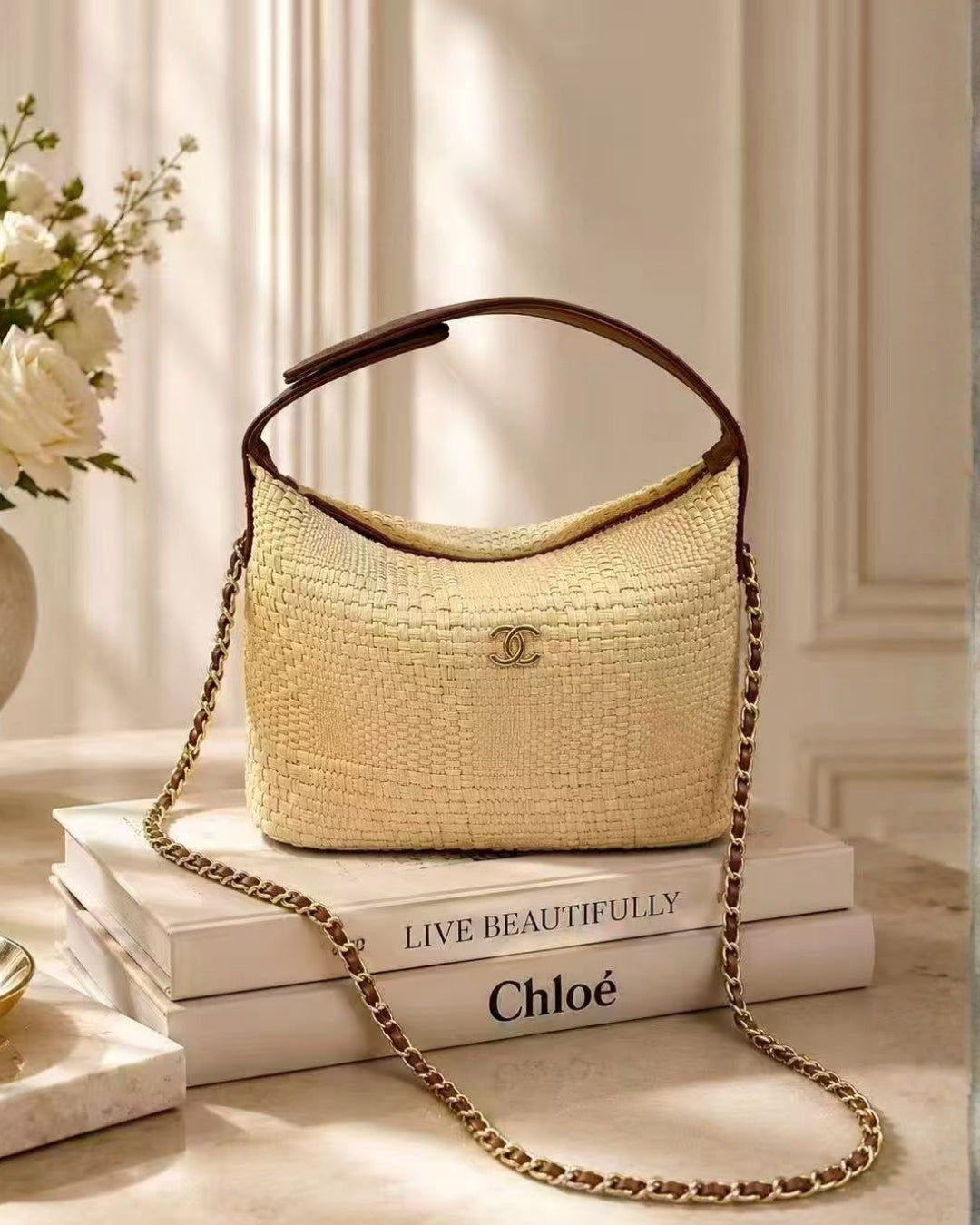 CHANEL Raffia Curved Shoulder Bag 22 cm