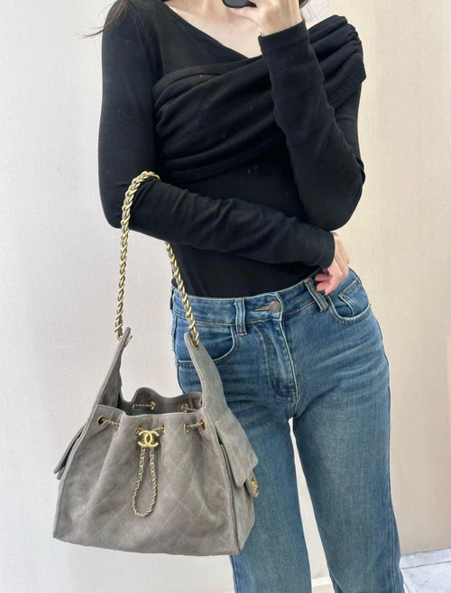 Chanel Drawstring Quilted Suede 28 cm Without Box