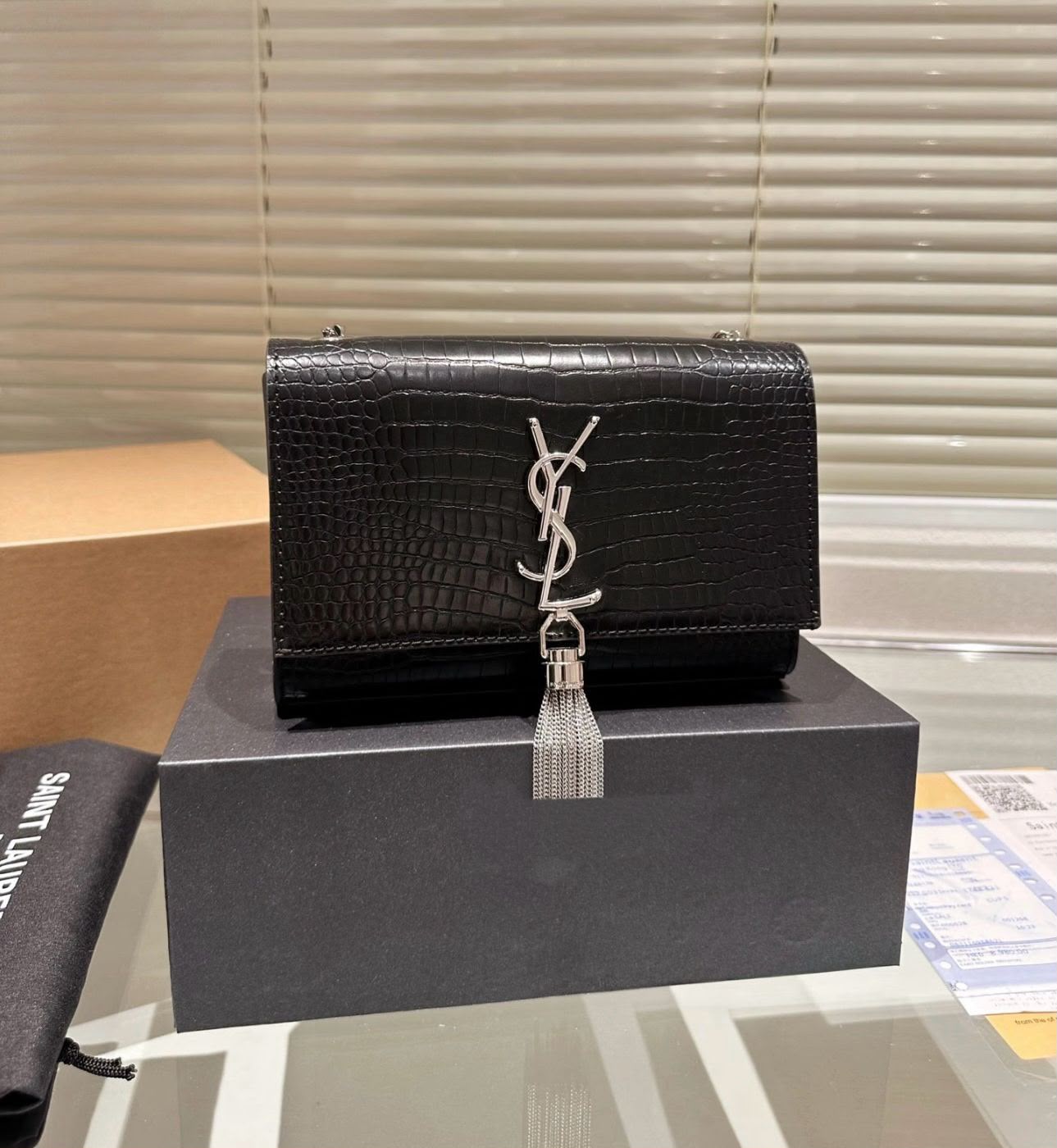 SAINT LAURENT Croc-Embossed Wallet — 22.5 cm | Black With Box