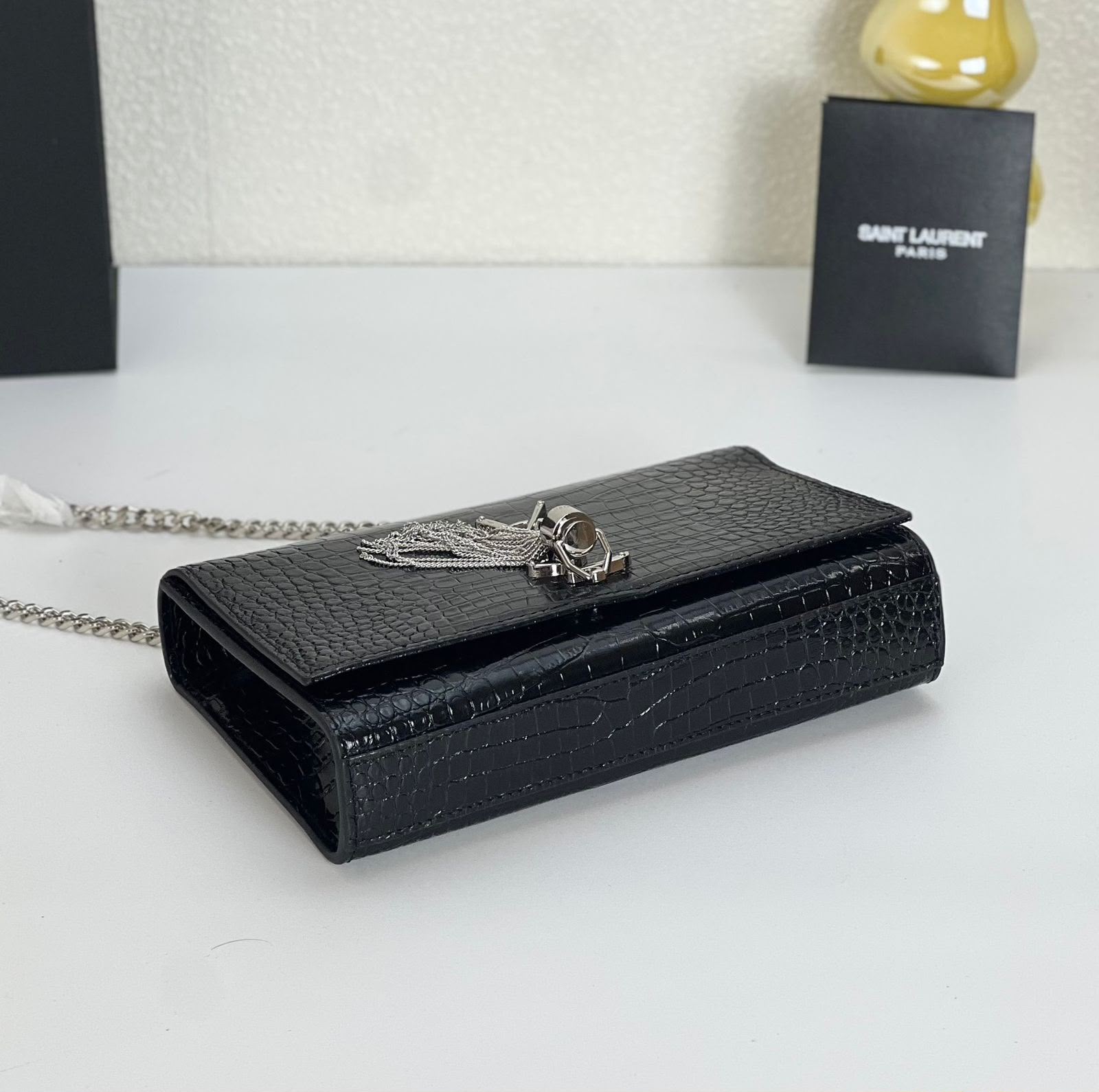 SAINT LAURENT Croc-Embossed Wallet — 22.5 cm | Black With Box