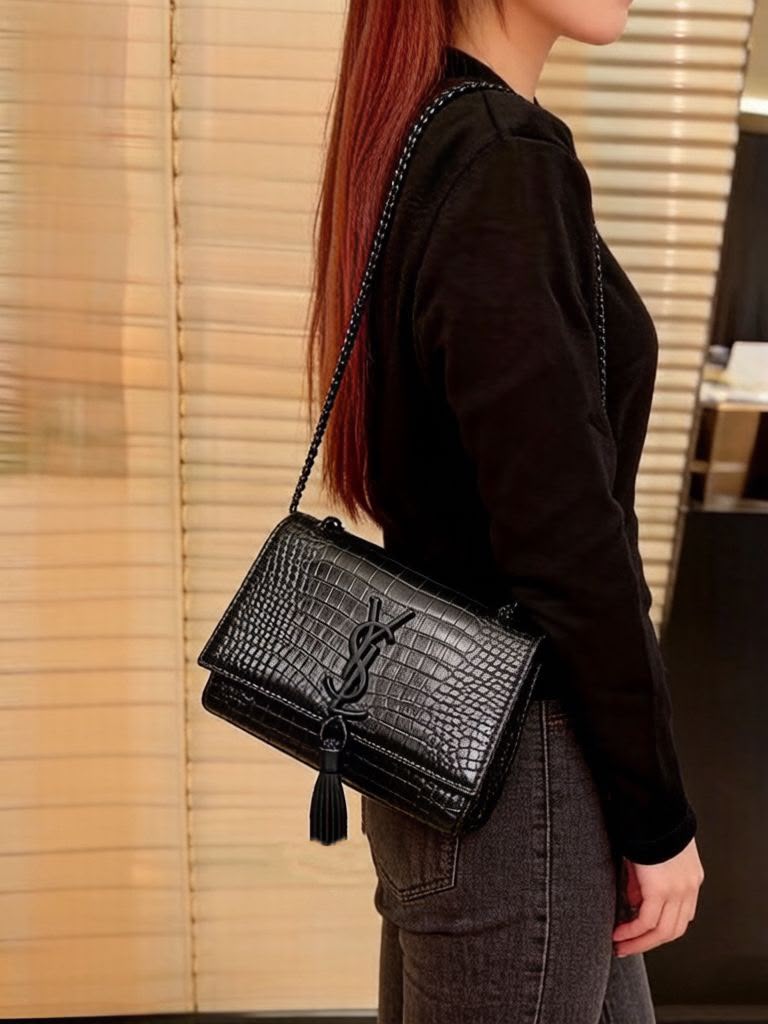 SAINT LAURENT Croc-Embossed Wallet — 22.5 cm | Black With Box
