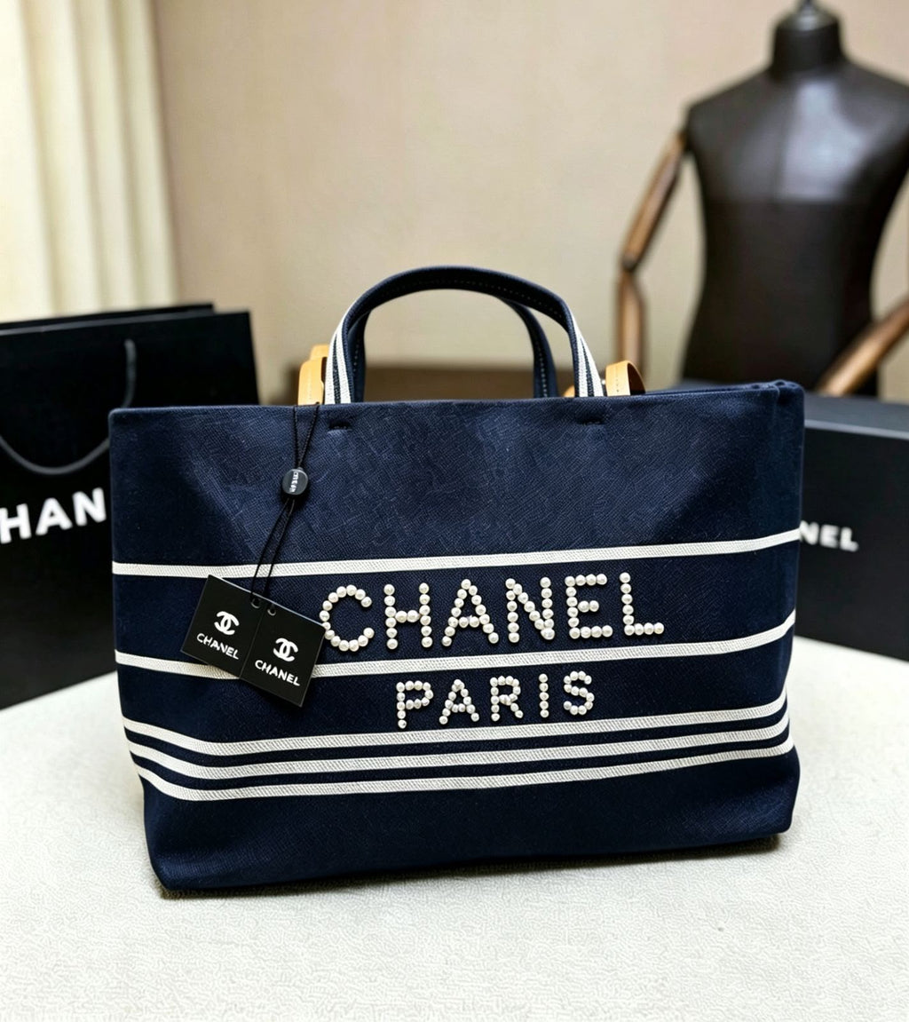CHANEL Pearl Logo Canvas Tote — 45 cm | 2 Colors Without Box A+
