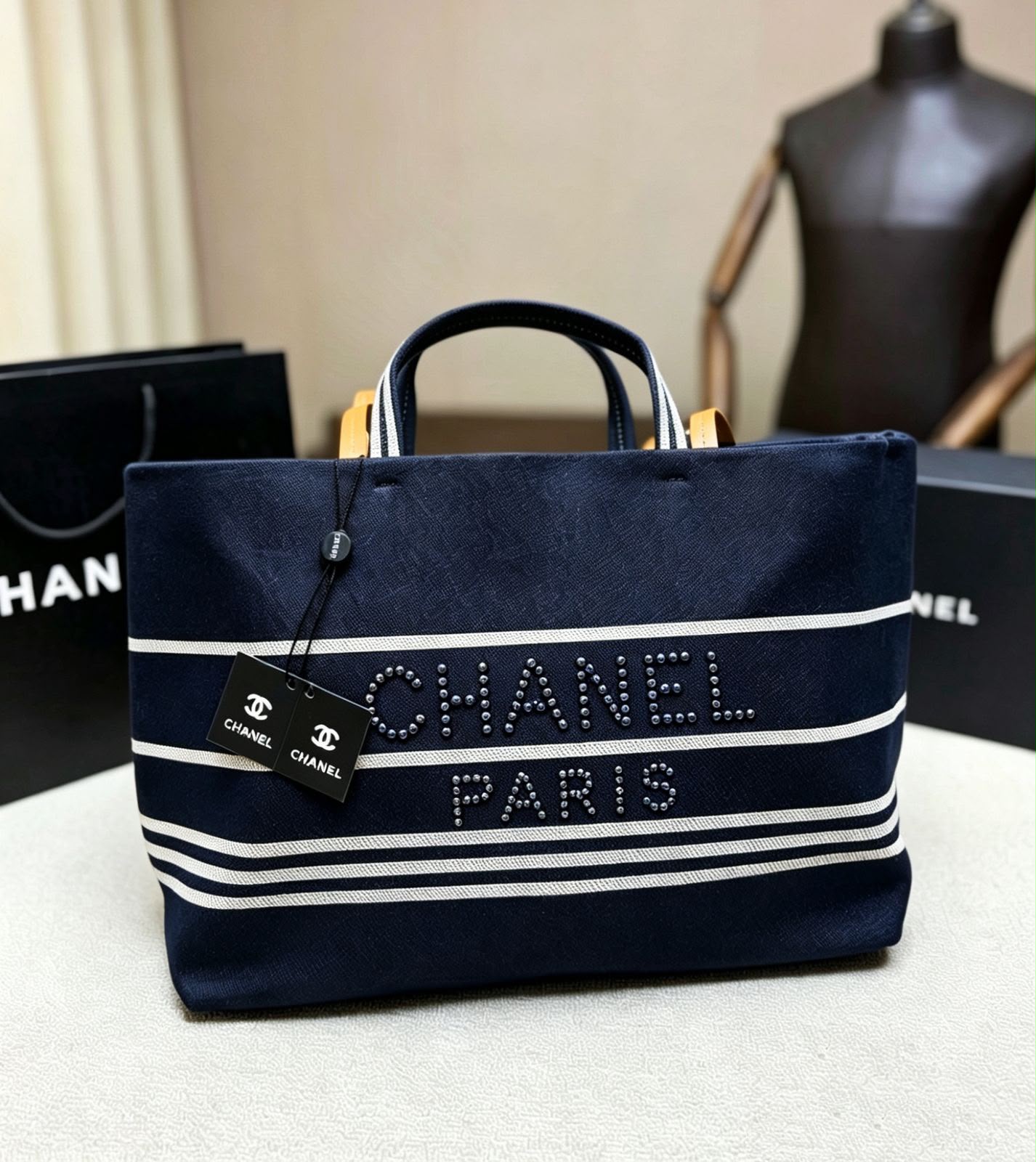 CHANEL Pearl Logo Canvas Tote — 45 cm | 2 Colors Without Box A+