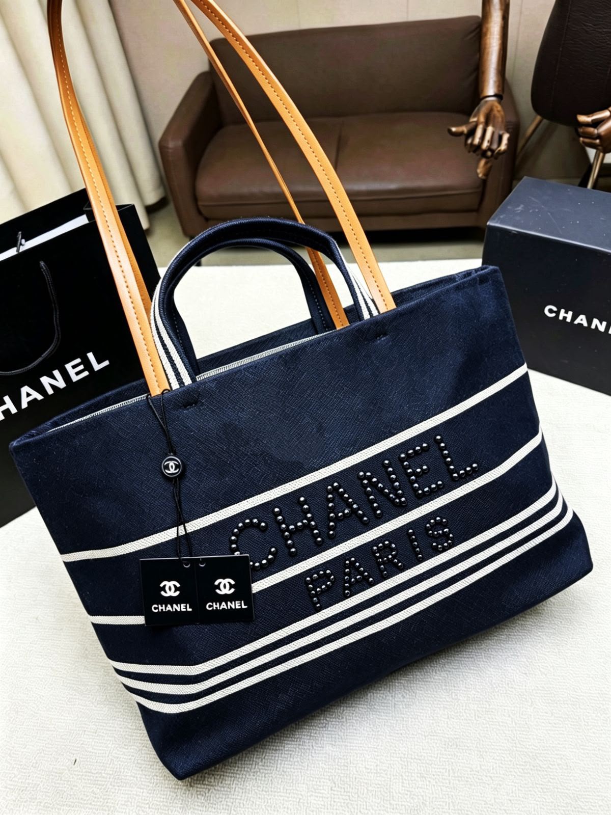 CHANEL Pearl Logo Canvas Tote — 45 cm | 2 Colors Without Box A+