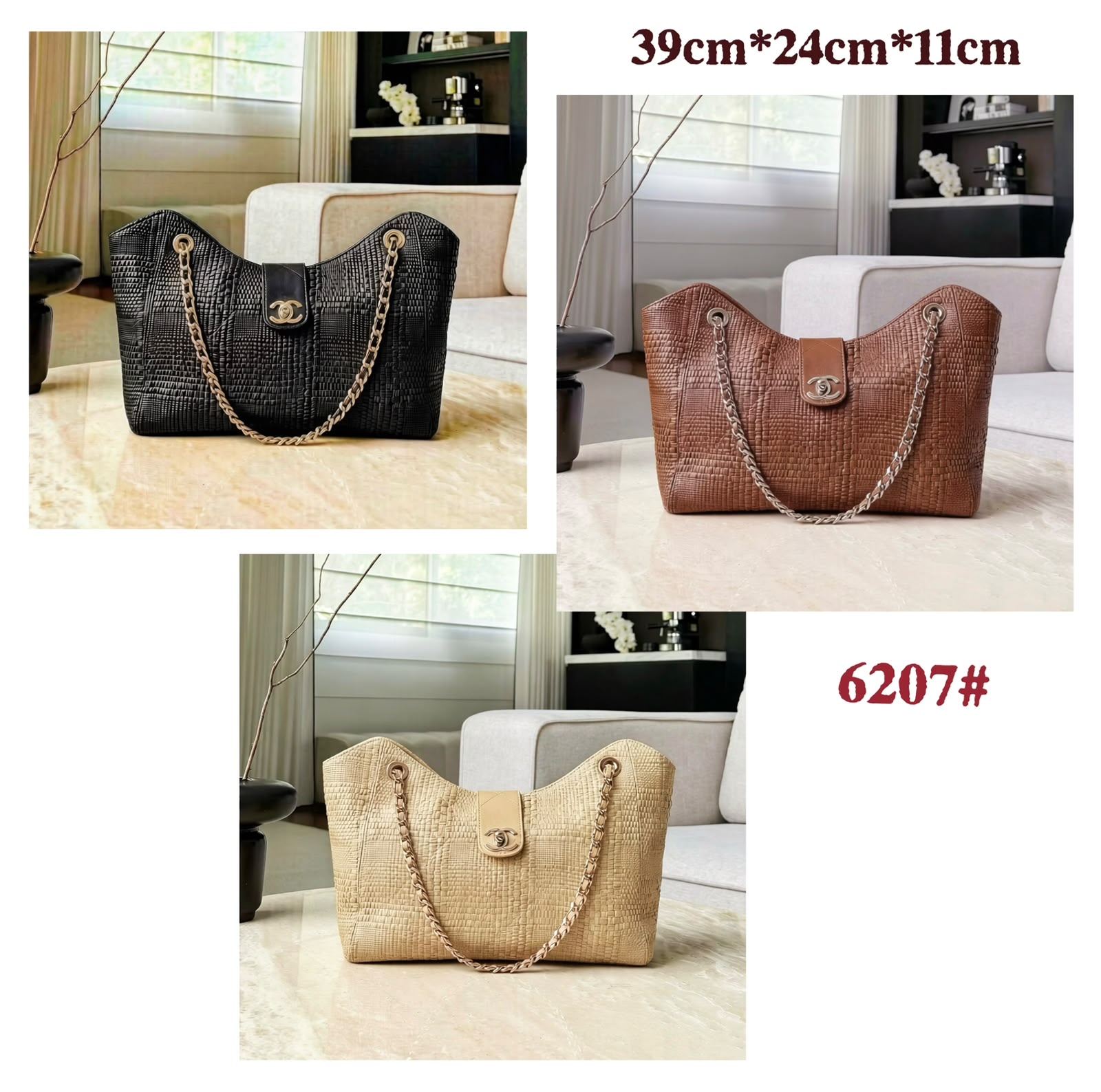 CHANEL Croc-Embossed Shoulder Tote — 39 cm | 3 Colors Without Box A+