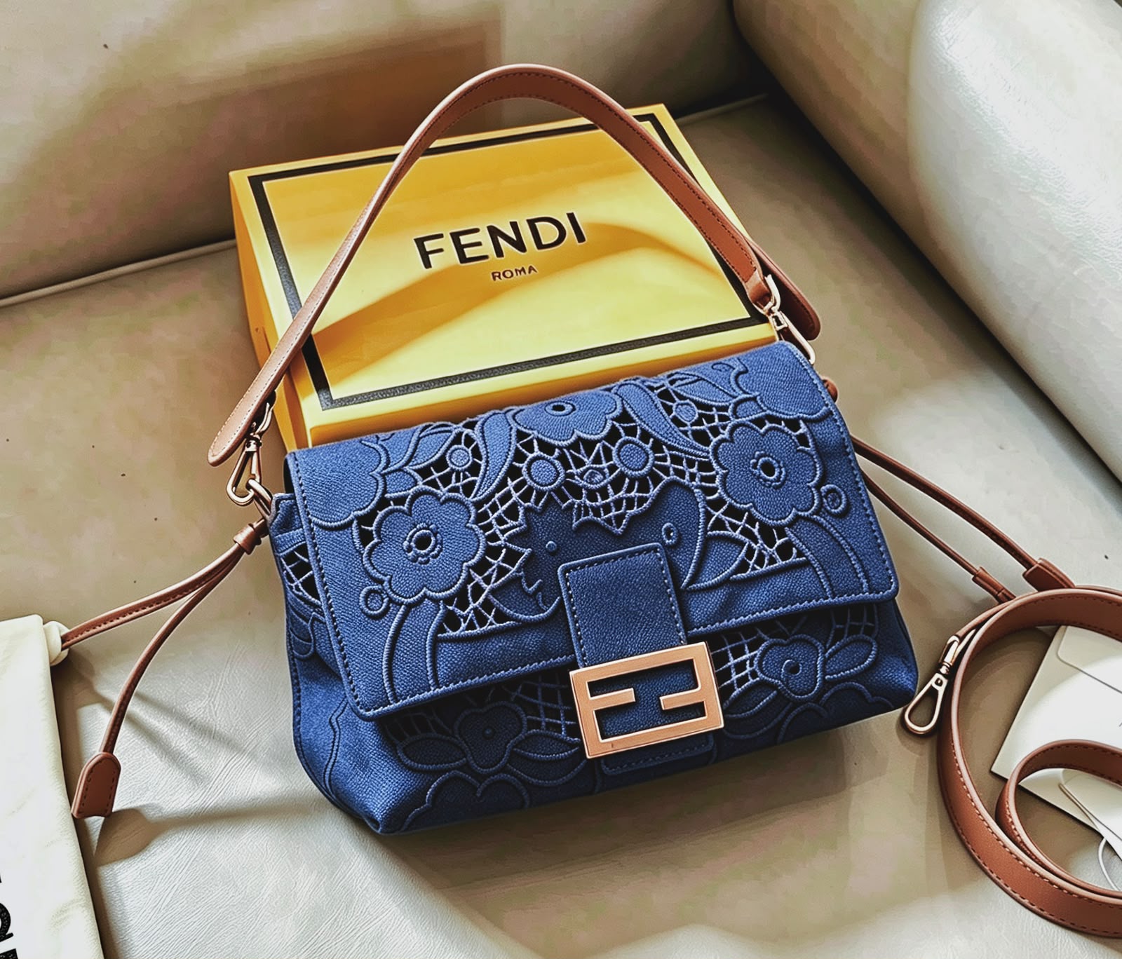 حقيبة FENDI باجيت بقلاب من الدانتيل بنمط الزهور 25 سم مع صندوق ماستر