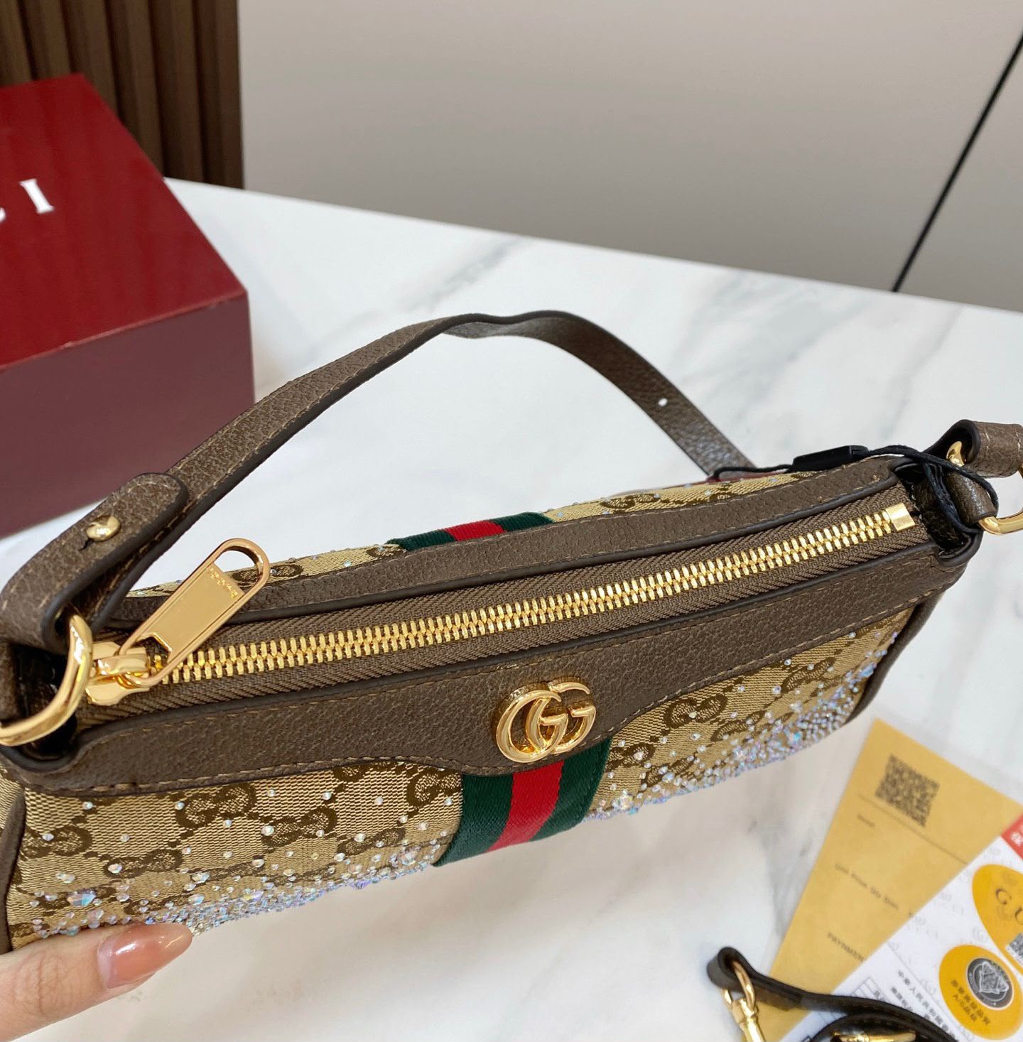 GUCCI Crystal Embellished Shoulder Bag 25cm A+