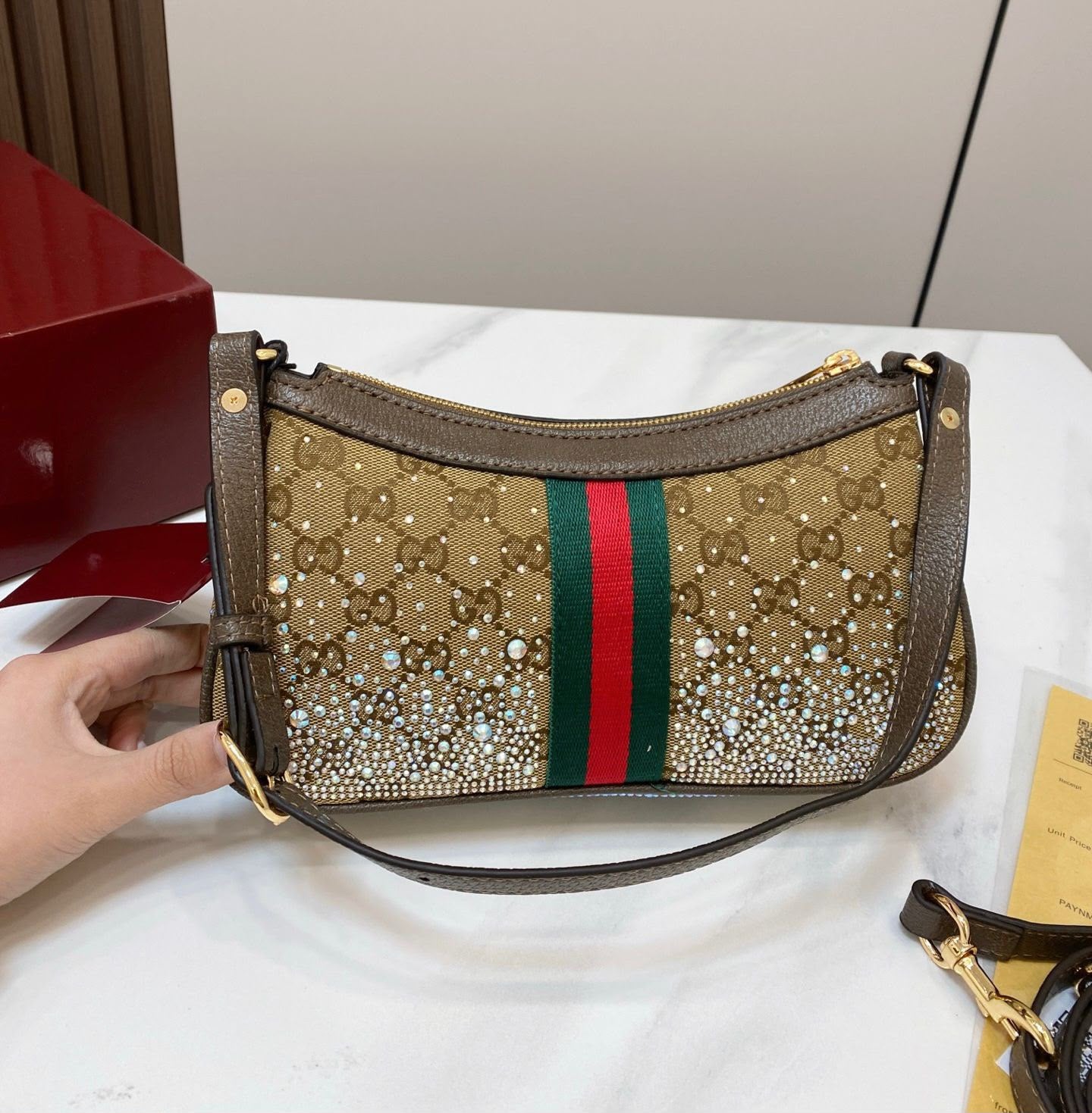 GUCCI Crystal Embellished Shoulder Bag 25cm A+