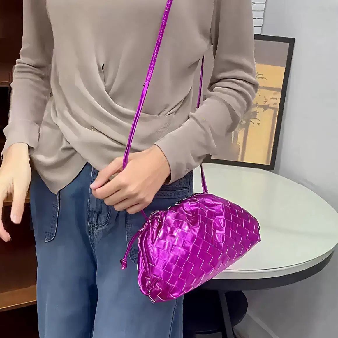 BOTTEGA Woven Metallic Shoulder Bag 24cm